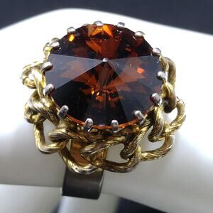 Vintage Topaz Rivoli Rhinestone Ring Gold Tone Adjustable 14mm